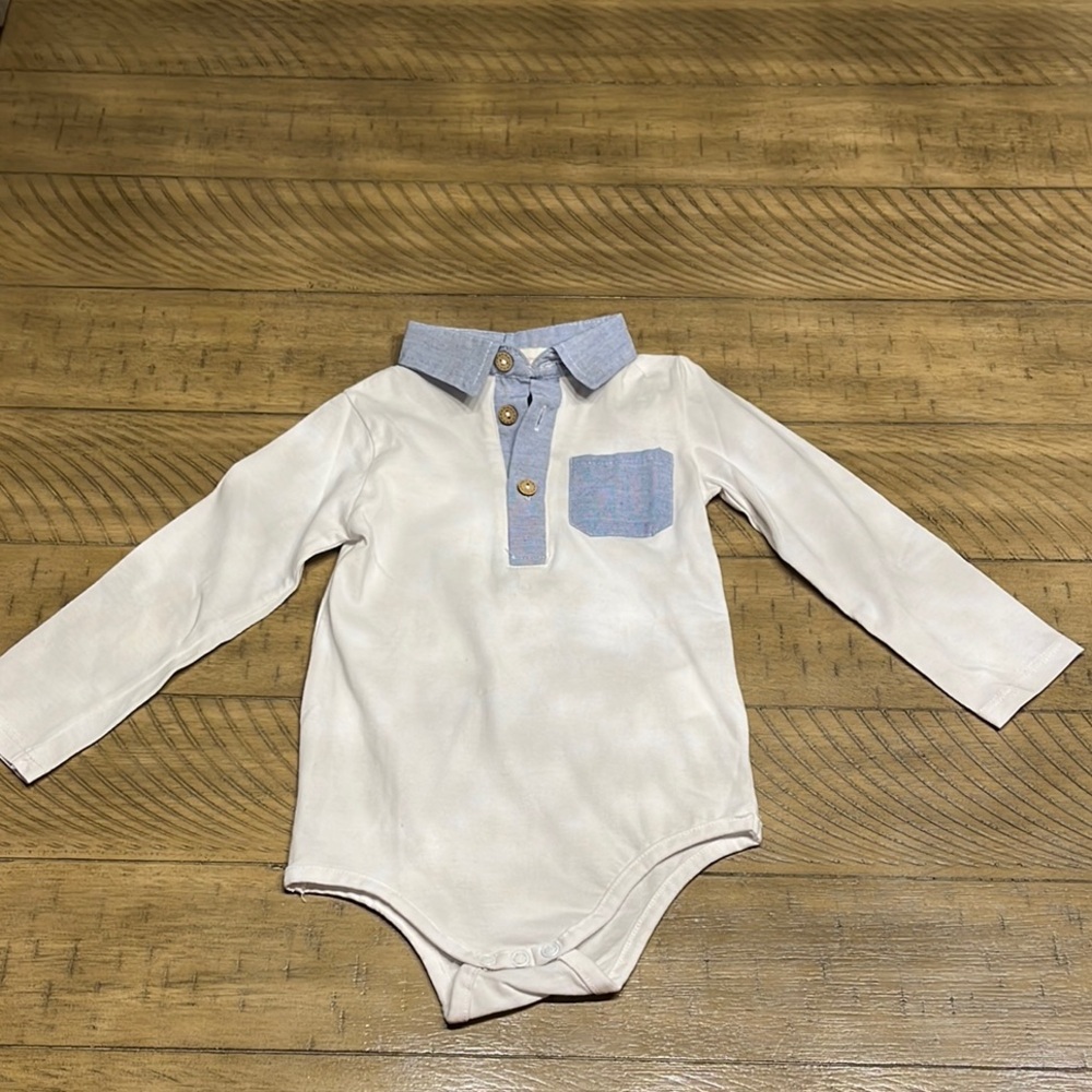 White Long Sleeve Baby Bodysuit with Blue Accents